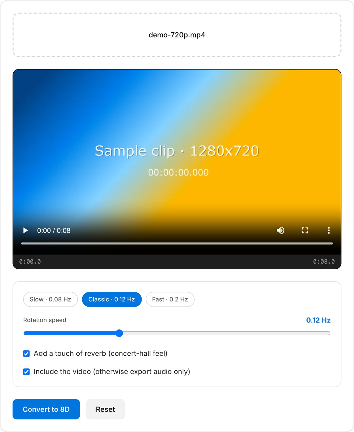8D Audio Converter with a clip loaded: preview player, Slow, Classic and Fast presets, Rotation speed slider at 0.12 Hz, reverb and Include the video checkboxes, Convert to 8D button