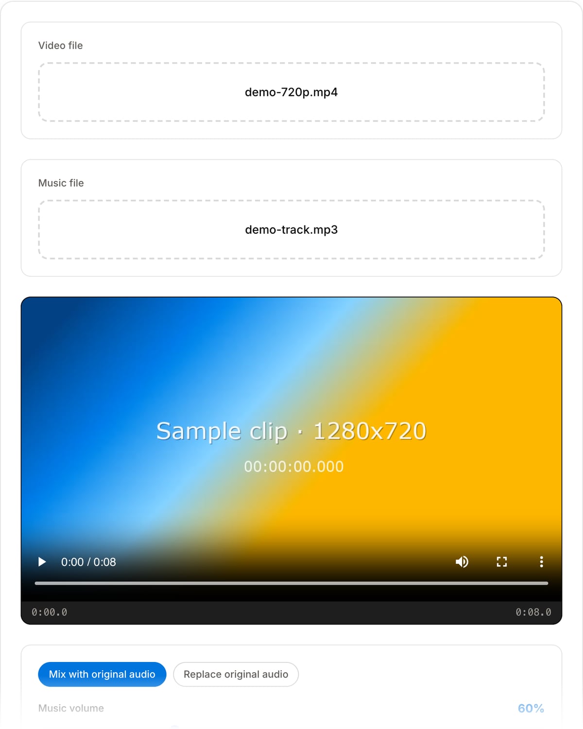 Add Music to Video with clip and MP3 loaded: video preview, Mix with original audio and Replace original audio buttons, Music volume slider at 60%, loop checkbox, Add Music button