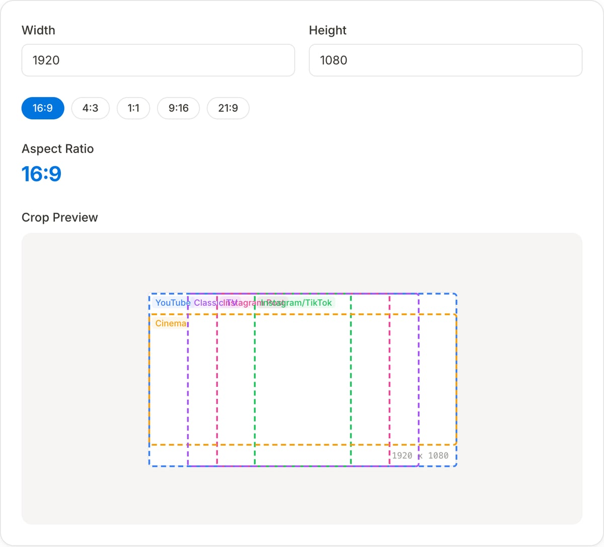 Aspect Ratio Calculator at its defaults: Width 1920 and Height 1080 inputs, 16:9, 4:3, 1:1, 9:16 and 21:9 presets, the 16:9 readout and the Crop Preview with dashed guides