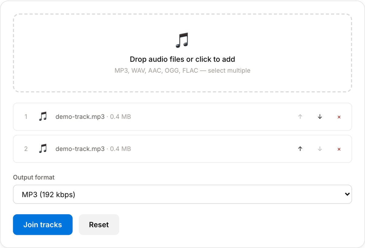Audio Joiner with tracks added: numbered track list with file name, size and move up, move down and remove buttons, the Output format select and the Join tracks button