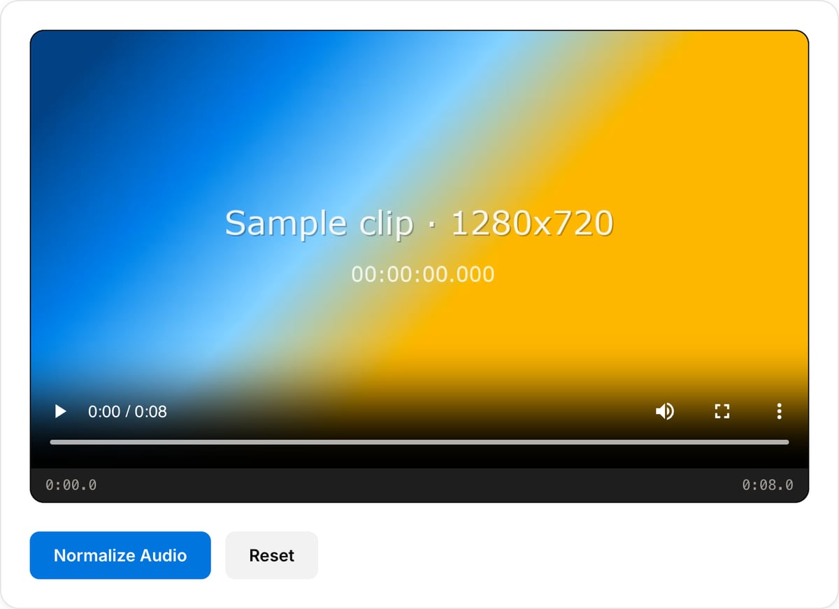 Audio Normalizer with a clip loaded: a video preview player with time readout above the Normalize Audio and Reset buttons, with no settings to adjust