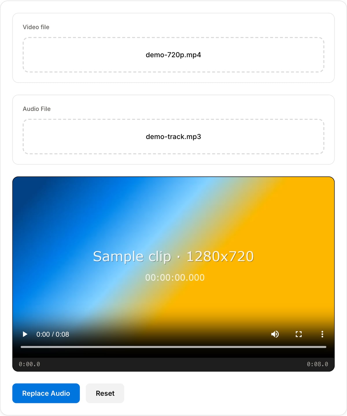 Audio Replacer with a demo clip and MP3 loaded: two file dropzones showing the file names, a video preview with time readout, and the Replace Audio and Reset buttons