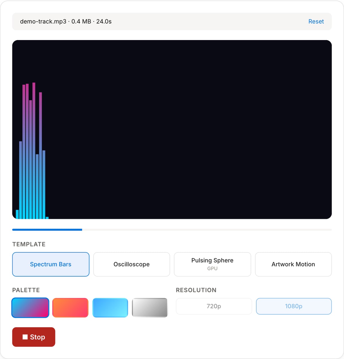 Audio Visualizer with a track loaded: black preview canvas, Spectrum Bars, Oscilloscope, Pulsing Sphere and Artwork Motion templates, Palette swatches, 720p and 1080p buttons, Preview and Record & Export buttons