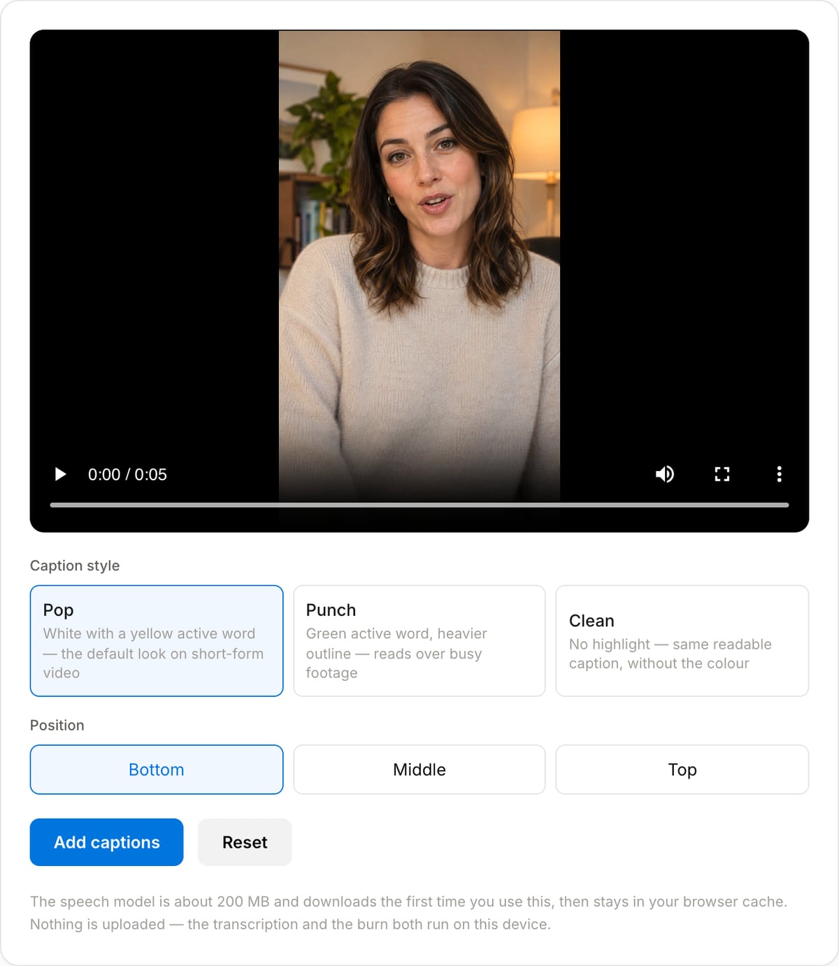Auto Captions tool with a clip loaded: video preview, the Pop, Punch and Clean caption styles with Pop selected, the bottom, middle and top position choices, and the Add captions button