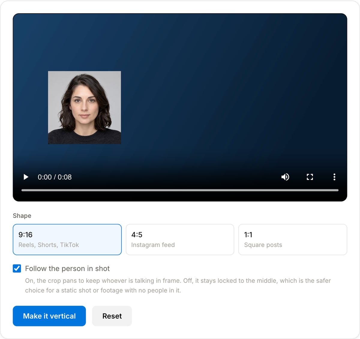 Auto Reframe tool with a landscape clip loaded: video preview, the 9:16, 4:5 and 1:1 shape choices with 9:16 selected, the follow-the-person checkbox, and the Make it vertical button
