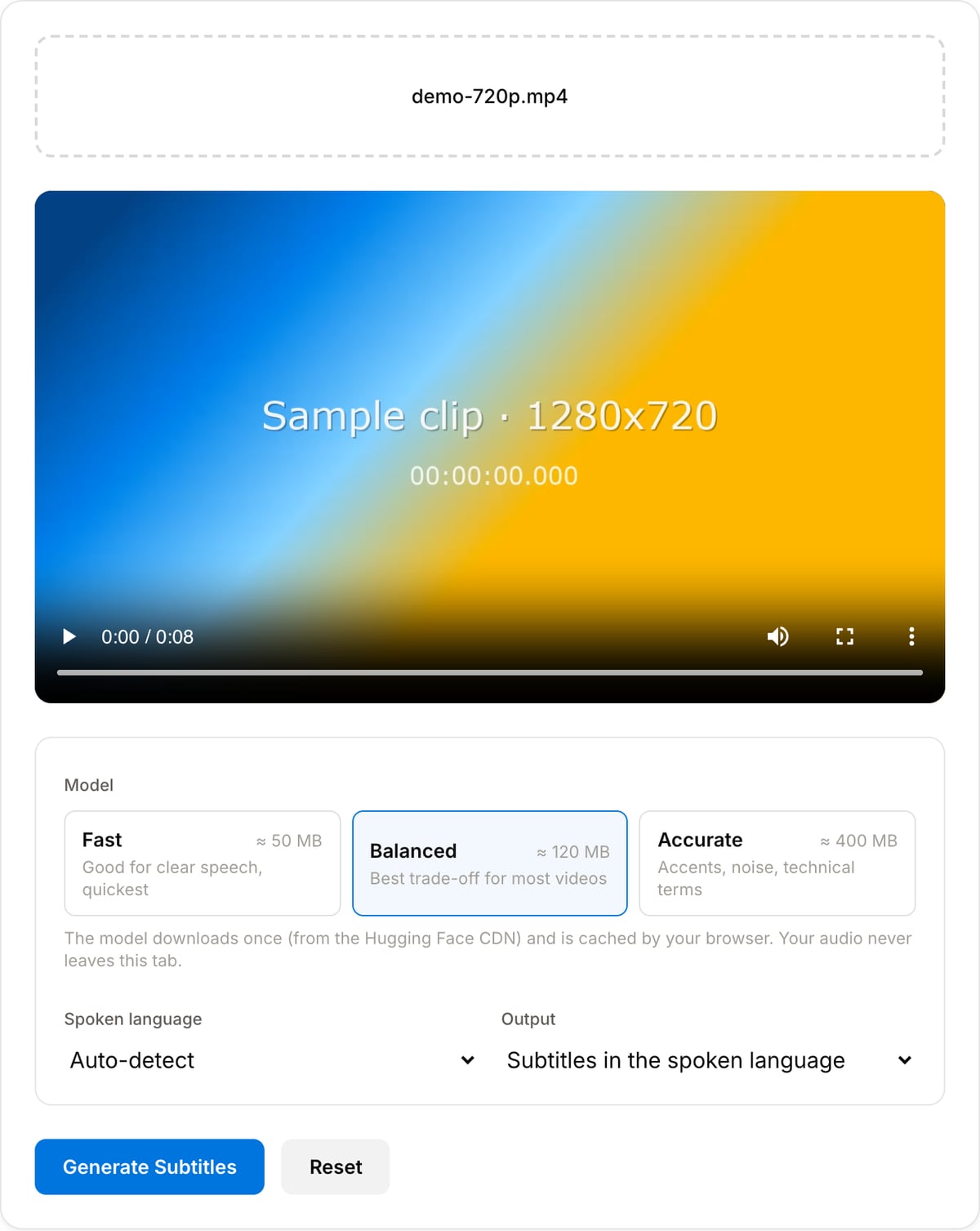 Auto Subtitle Generator with a clip loaded: Fast, Balanced and Accurate model cards, spoken language and output selectors and the Generate Subtitles button