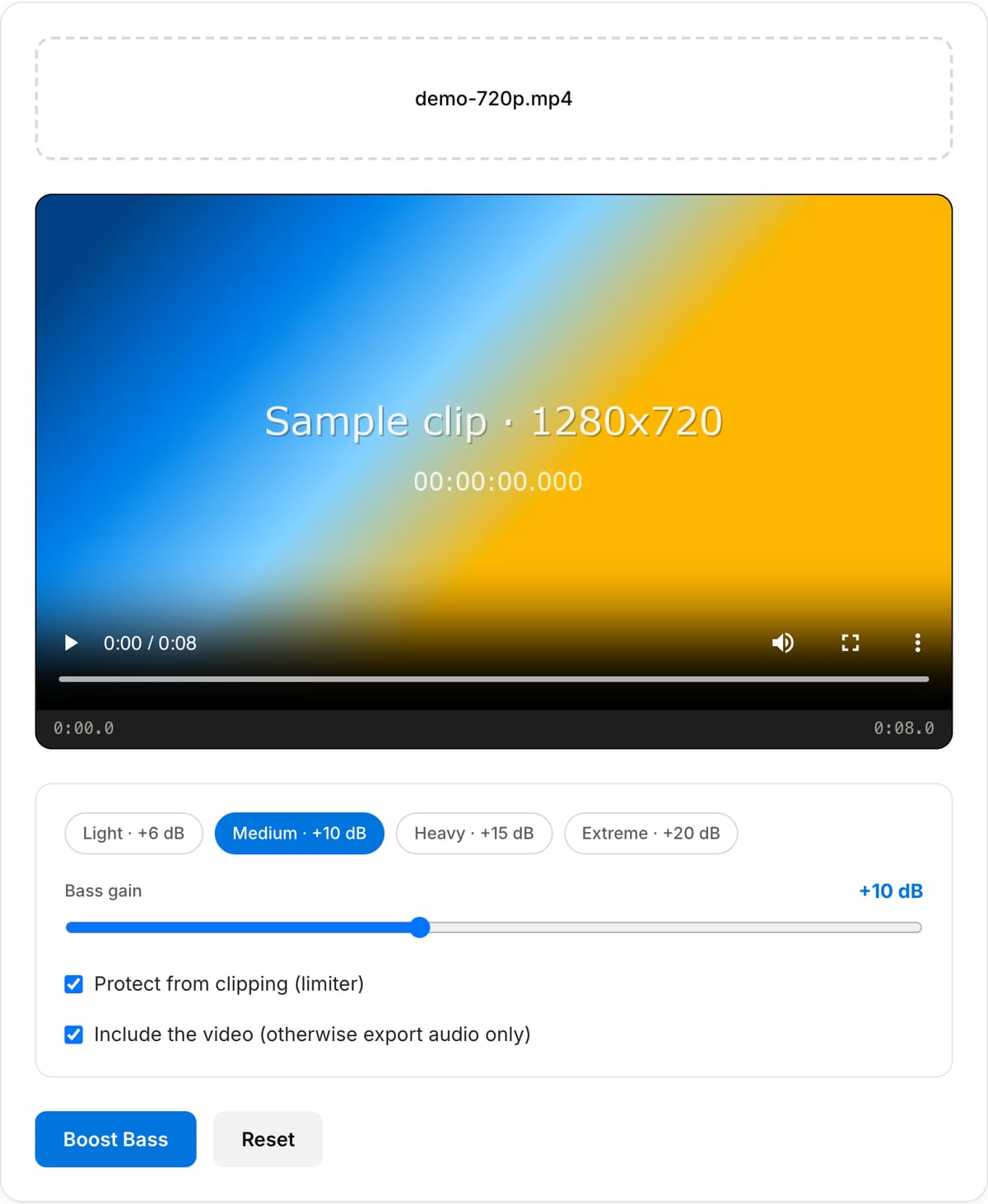 Bass Booster with a clip loaded: video preview, Light, Medium, Heavy and Extreme presets, Bass gain slider at +10 dB, Protect from clipping checkbox and the Boost Bass button