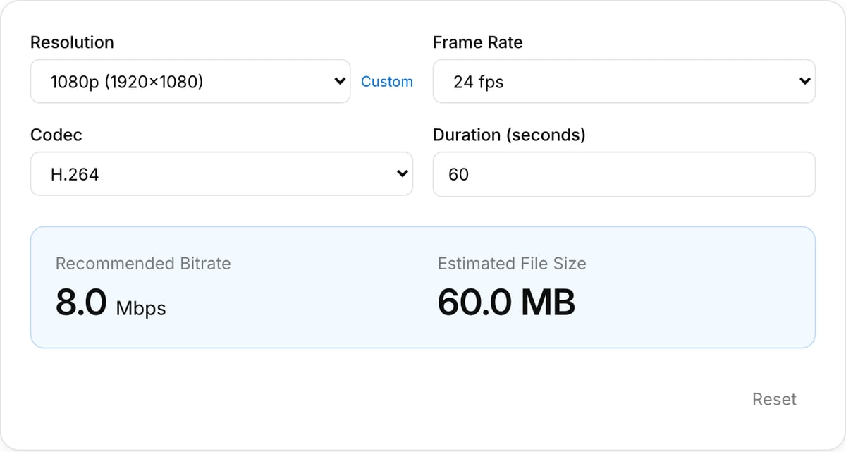 Bitrate Calculator at its defaults: Resolution 1080p, Frame Rate 24 fps, Codec H.264, Duration 60 seconds, showing 8.0 Mbps recommended bitrate, 60.0 MB estimated size and a Reset button