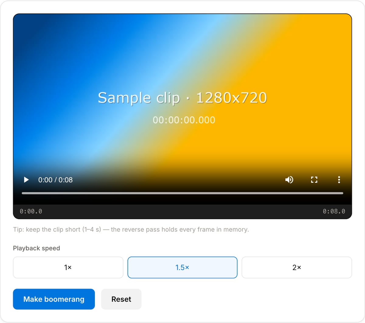 Boomerang tool with a clip loaded: preview player with time readout, Playback speed buttons 1×, 1.5× and 2× with 1.5× selected, then the Make boomerang and Reset buttons