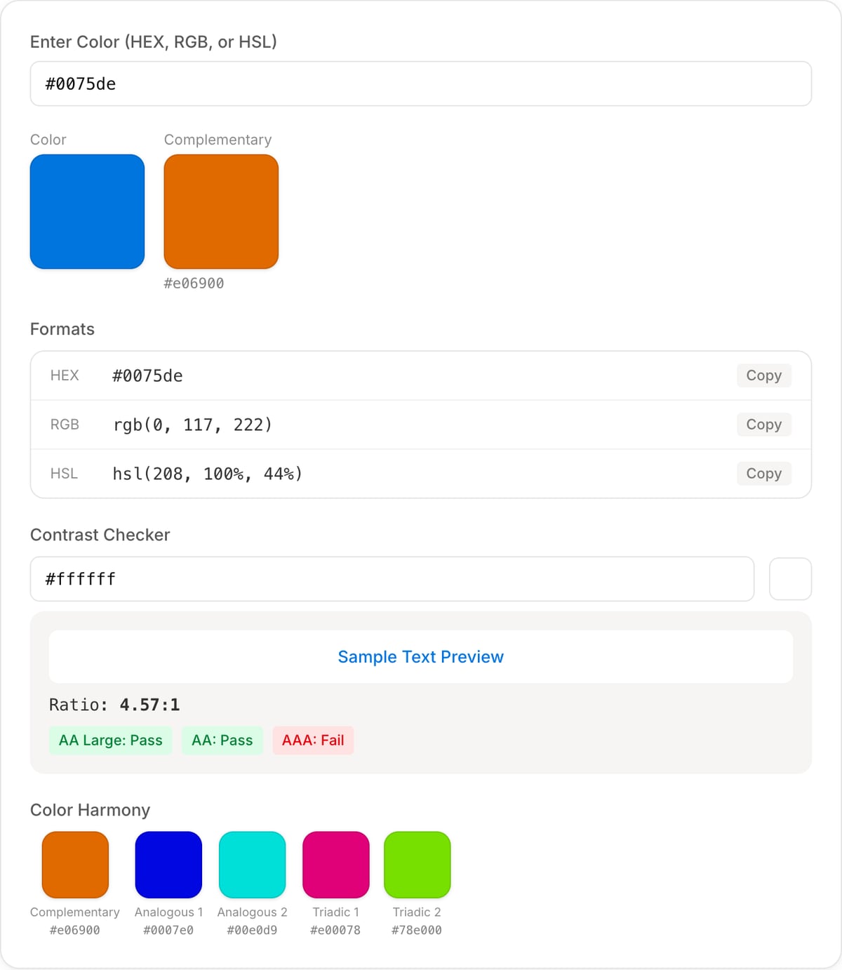 Color Converter showing #0075de: HEX, RGB and HSL rows with Copy buttons, Contrast Checker against #ffffff at 4.57:1 with AA Large, AA and AAA badges, and five Color Harmony swatches