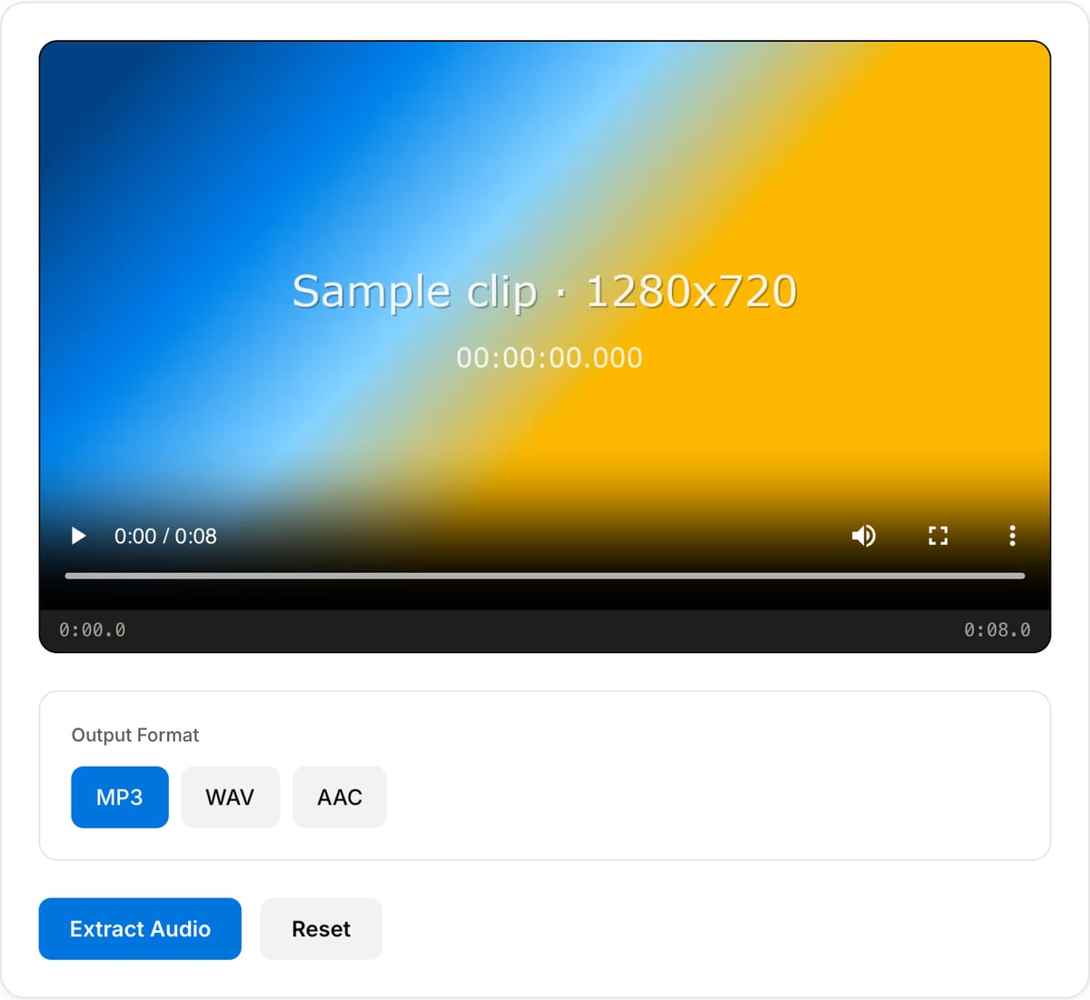 Extract Audio with a clip loaded: preview player, Output Format buttons for MP3, WAV and AAC, and the Extract Audio and Reset buttons