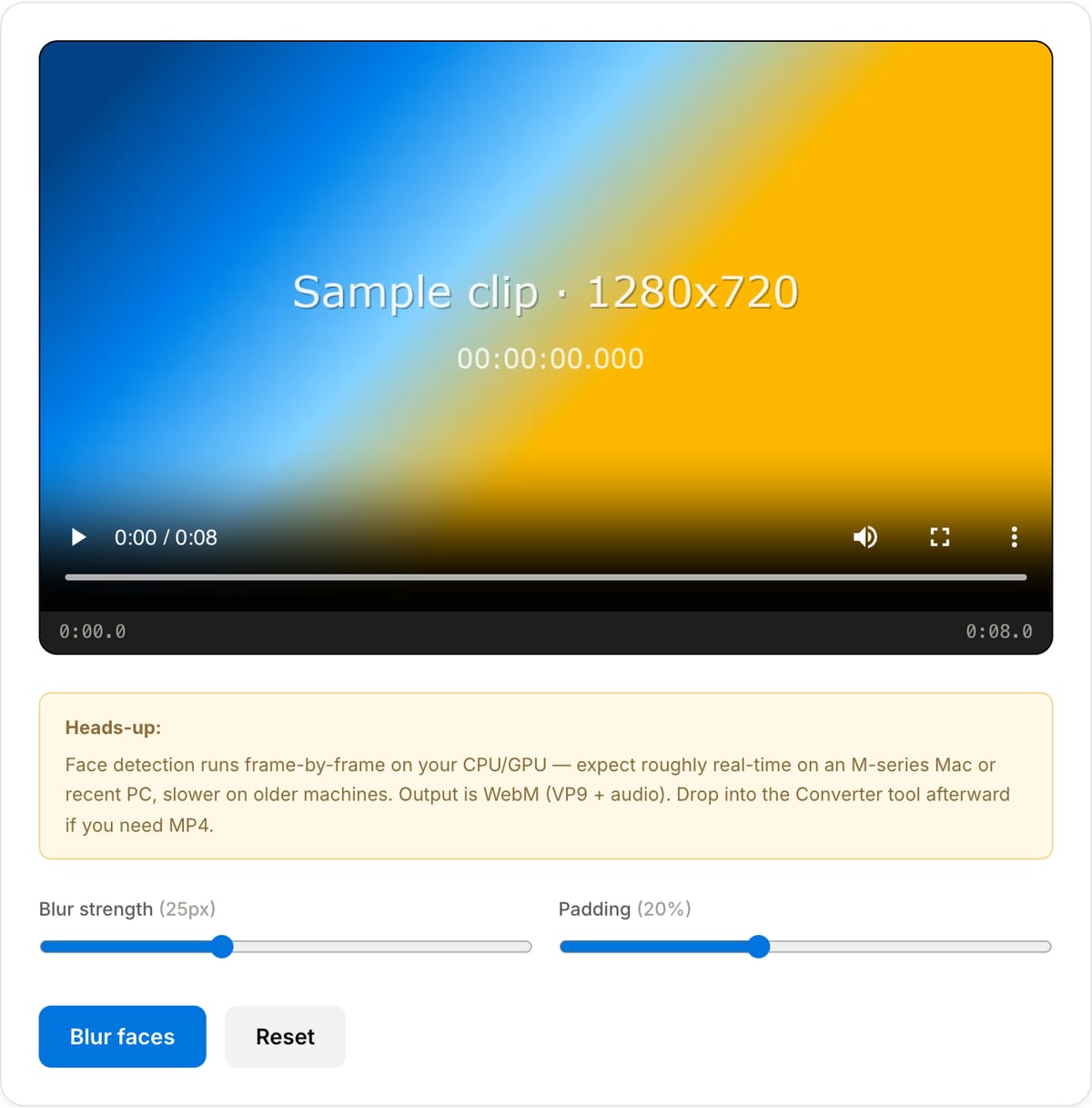 Face Blur with a clip loaded: preview player, heads-up note, Blur strength and Padding sliders with px and % readouts, and the Blur faces and Reset buttons