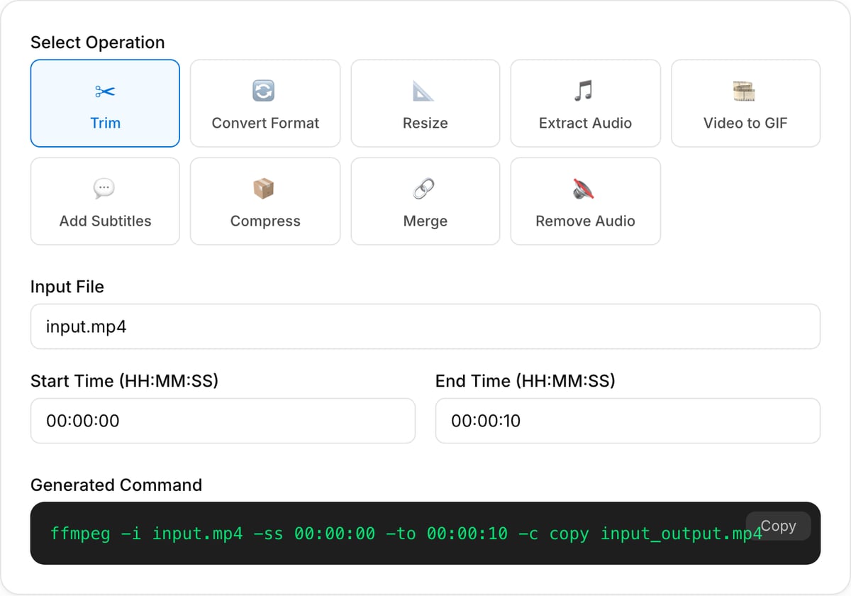 FFmpeg Command Generator with Trim selected among nine operation buttons, Input File, Start Time and End Time fields, and the Generated Command block with its Copy button