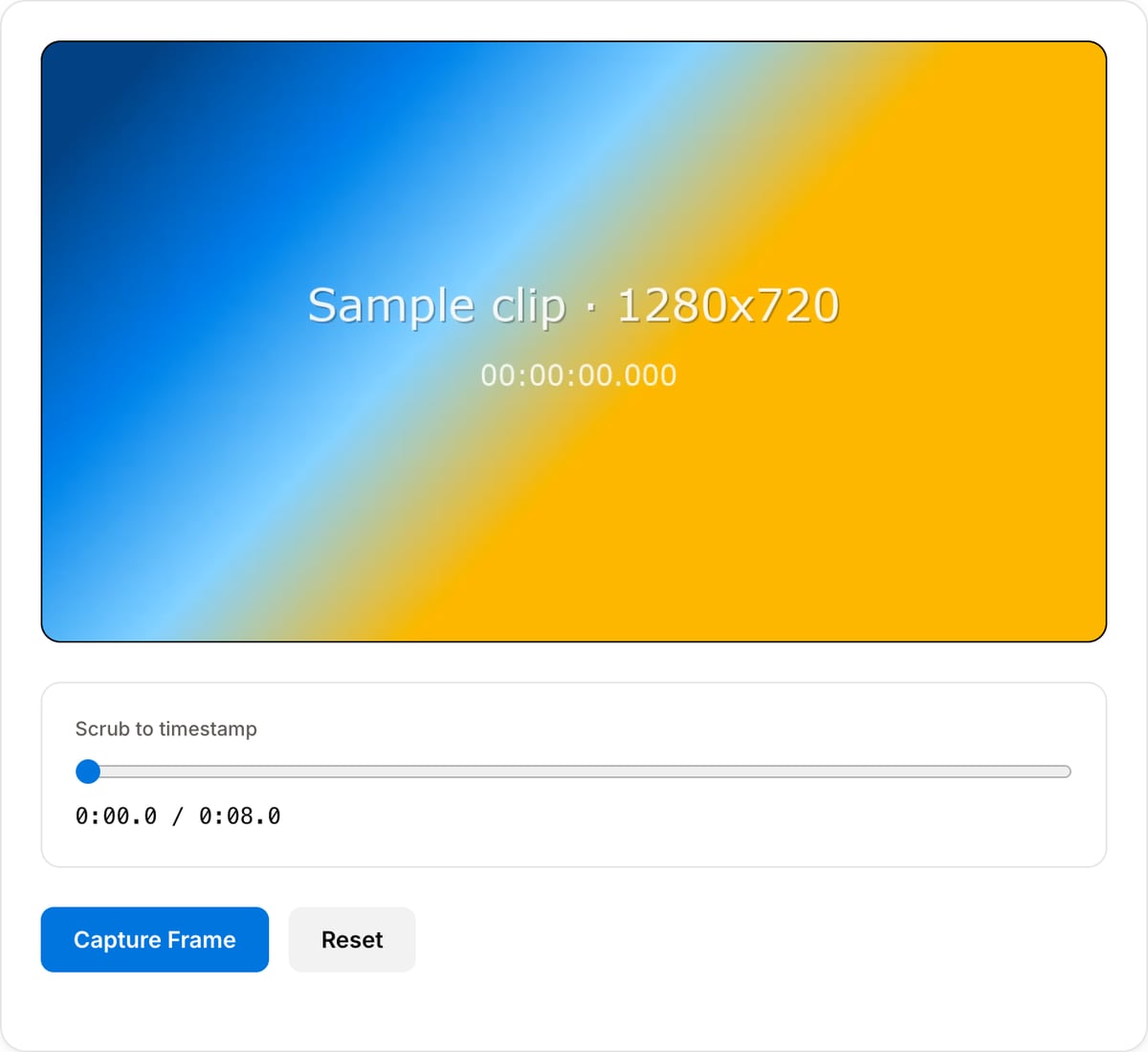 Frame Extractor with a clip loaded: the video preview, the Scrub to timestamp slider with its time readout and the Capture Frame button