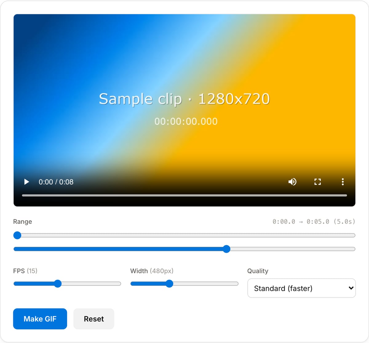 GIF Maker with a clip loaded: video preview, Range start and end sliders, FPS and Width sliders, Quality select and the Make GIF button
