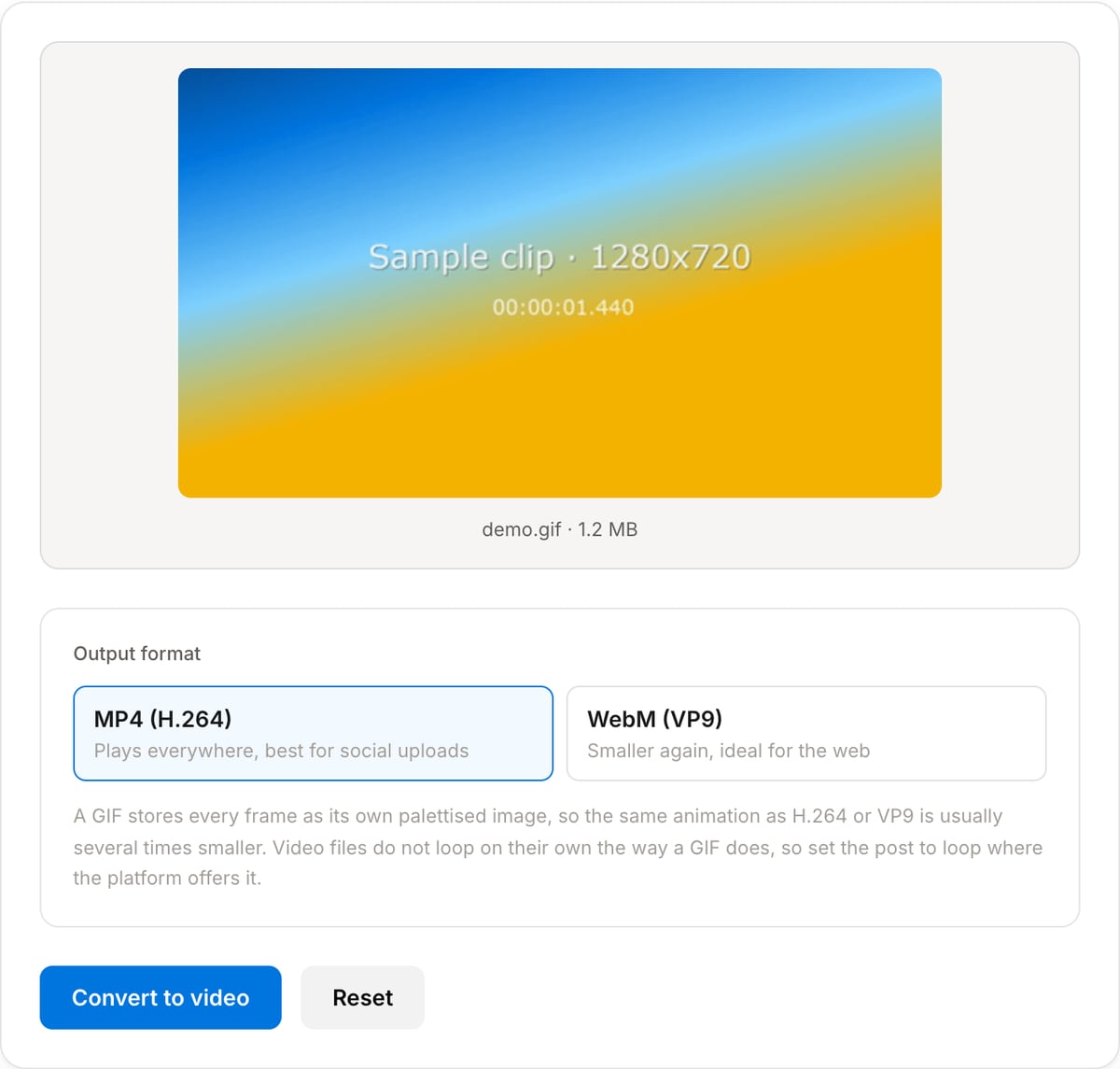 GIF to Video converter with an animated GIF loaded: the preview, MP4 and WebM format choices and the Convert to video button