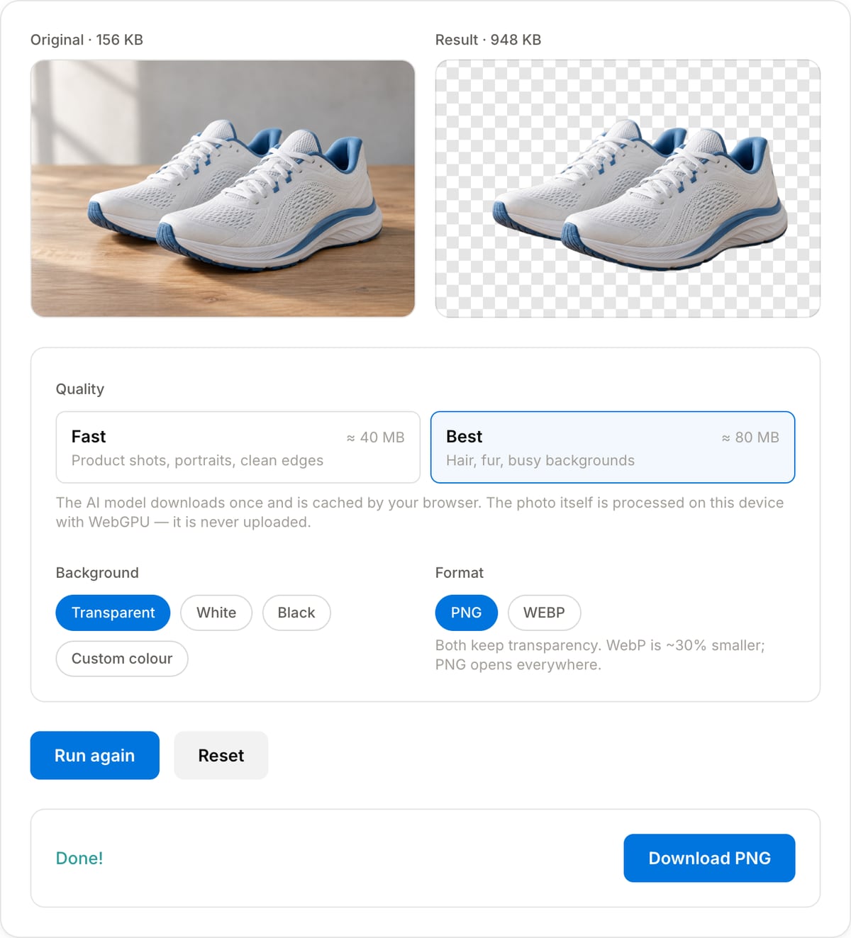 Image Background Remover after processing a product photo: original and cut-out result on a transparency checkerboard, quality, background and format options and the Download PNG button