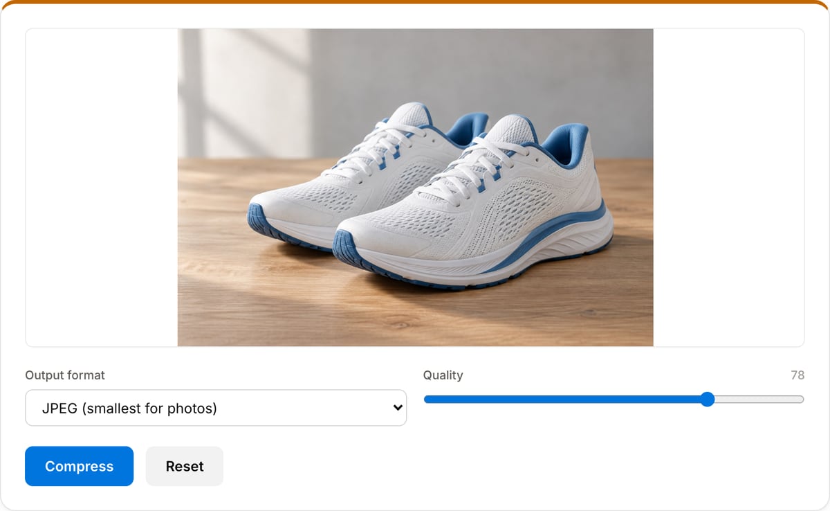 Image Compressor with a photo loaded: output format select, quality slider and the Compress button