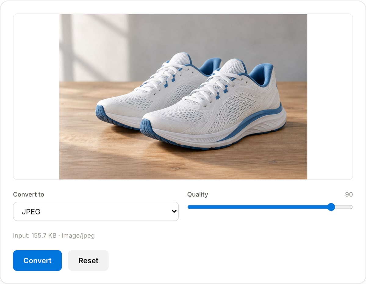 Image Converter with a photo loaded: preview image, Convert to select set to JPEG, Quality slider at 90, input size readout and the Convert and Reset buttons