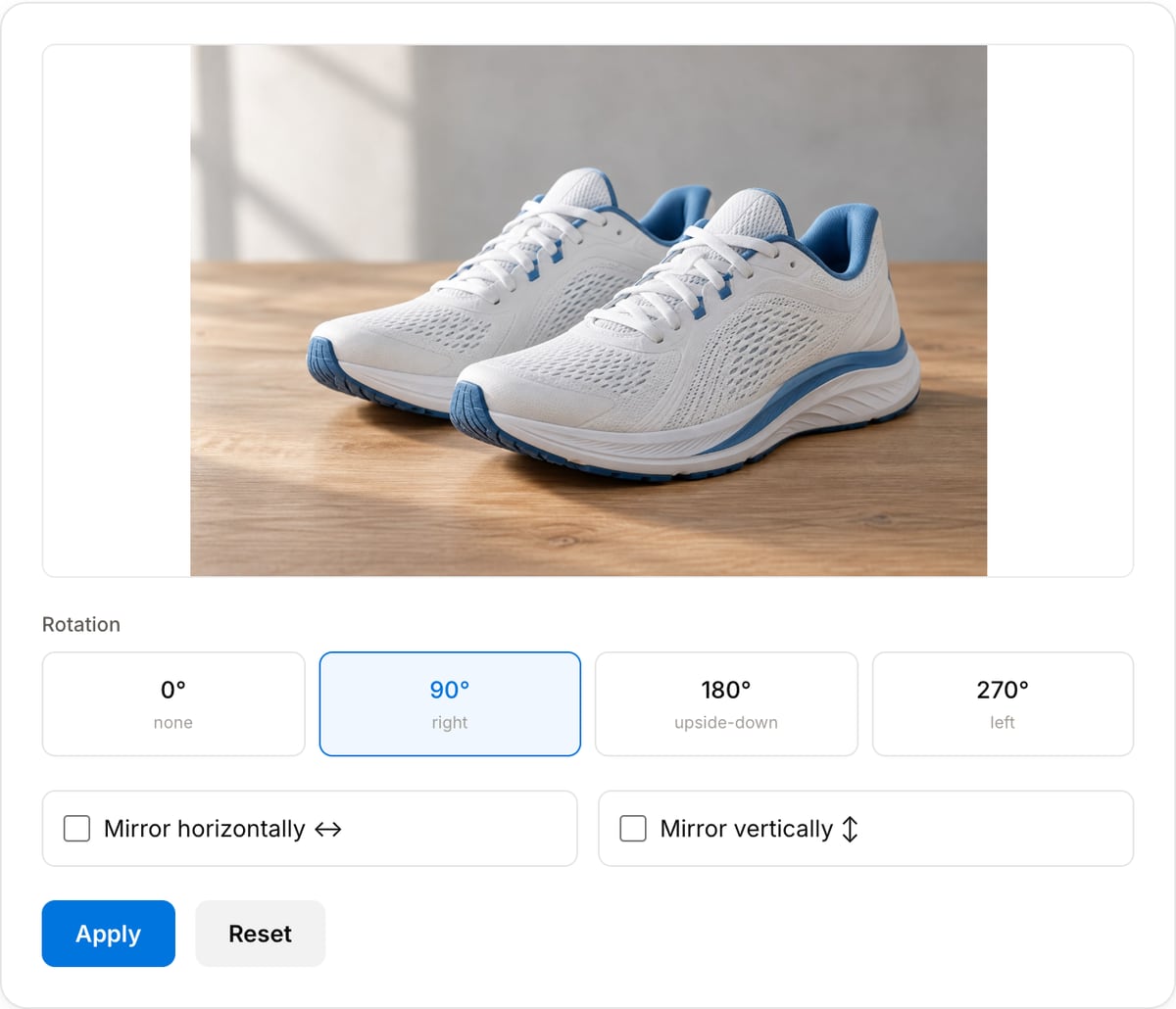 Image Rotator with a photo loaded: preview, Rotation buttons 0°, 90°, 180° and 270° with 90° selected, Mirror horizontally and Mirror vertically checkboxes, and Apply and Reset buttons