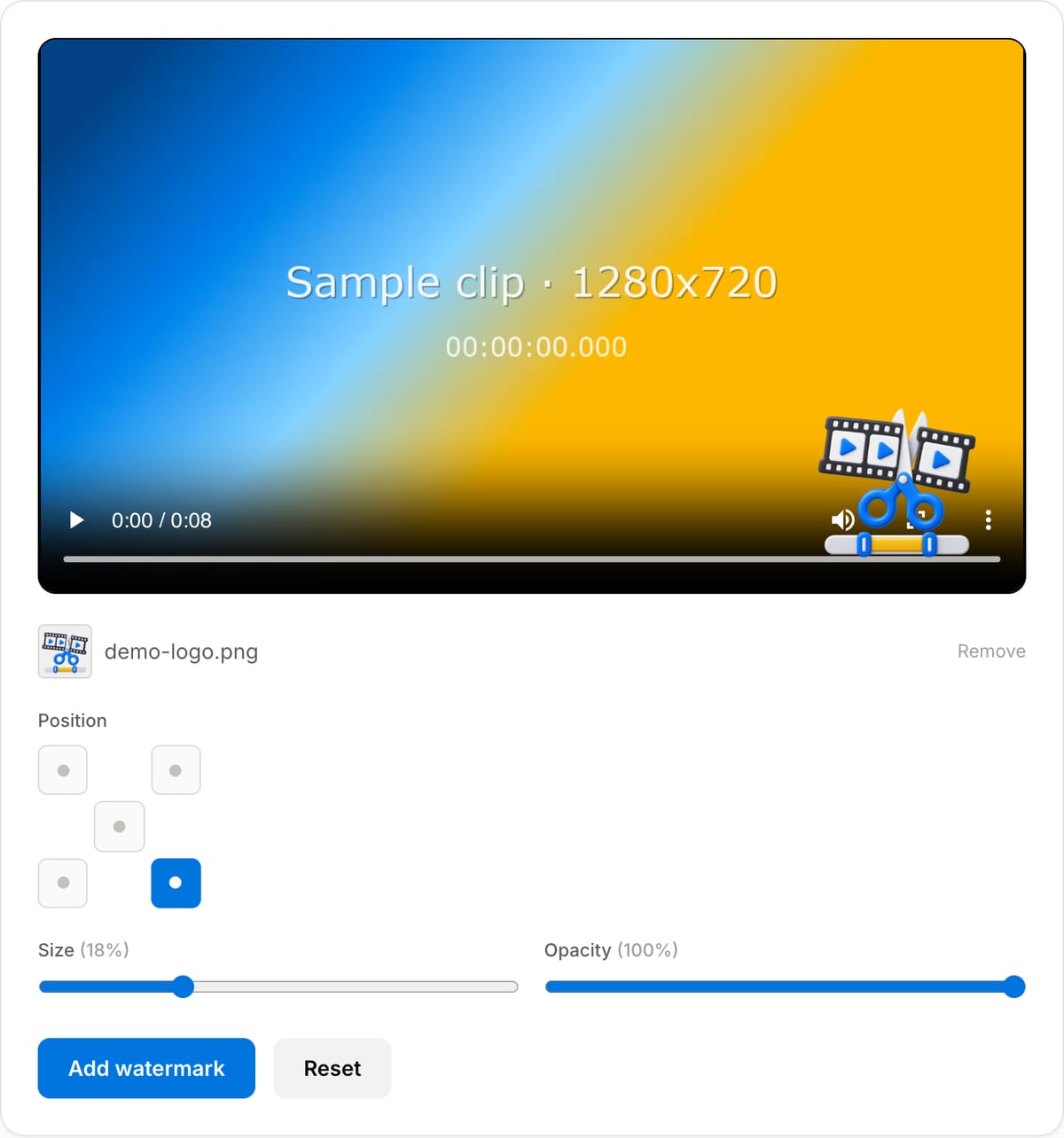 Logo Watermark with a clip and logo loaded: video preview with the logo bottom-right, Remove button, Position dot grid, Size 18% and Opacity 100% sliders, Add watermark button