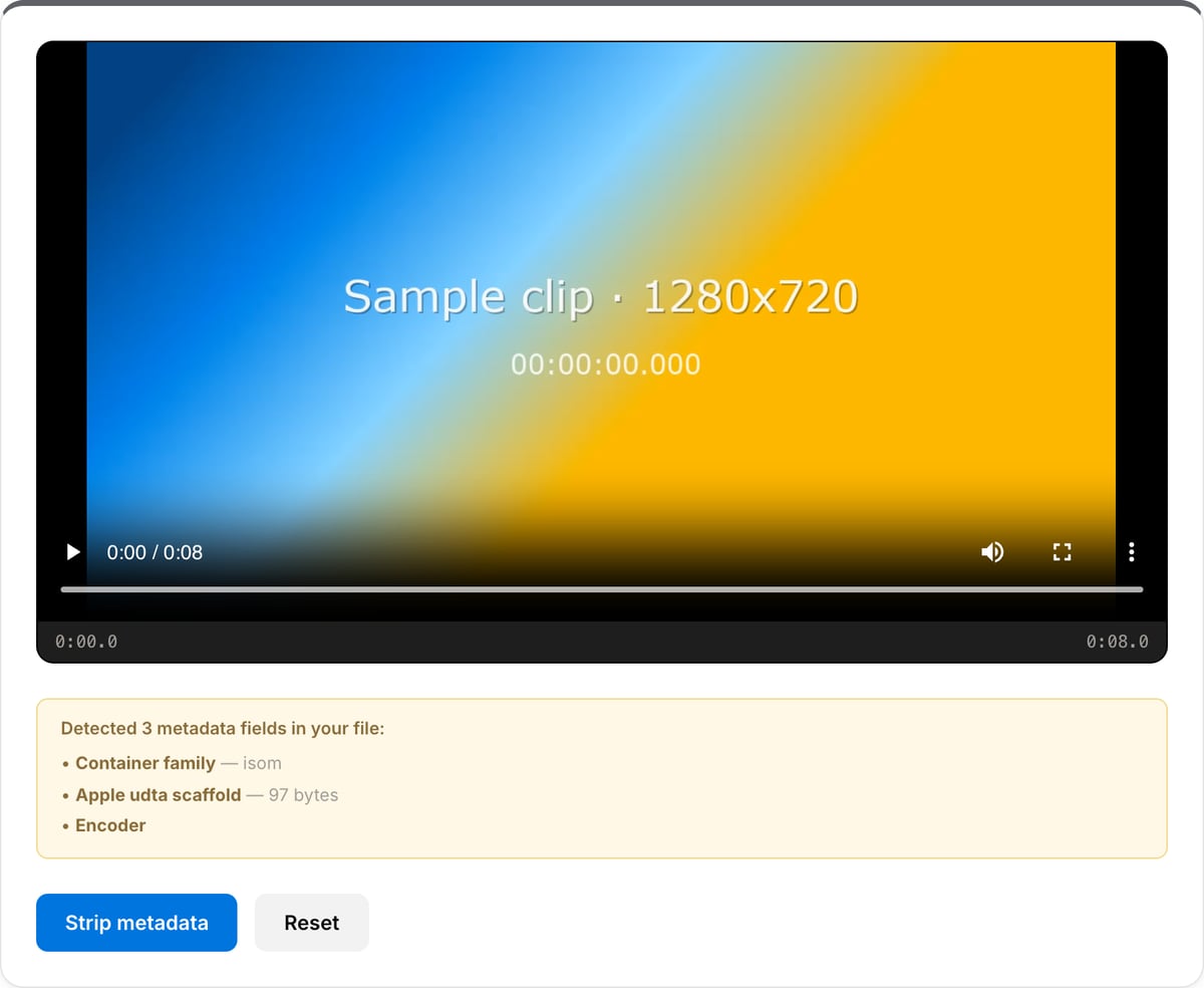 Metadata Cleaner with the demo clip loaded: preview player, a yellow panel listing detected metadata fields, and the Strip metadata and Reset buttons