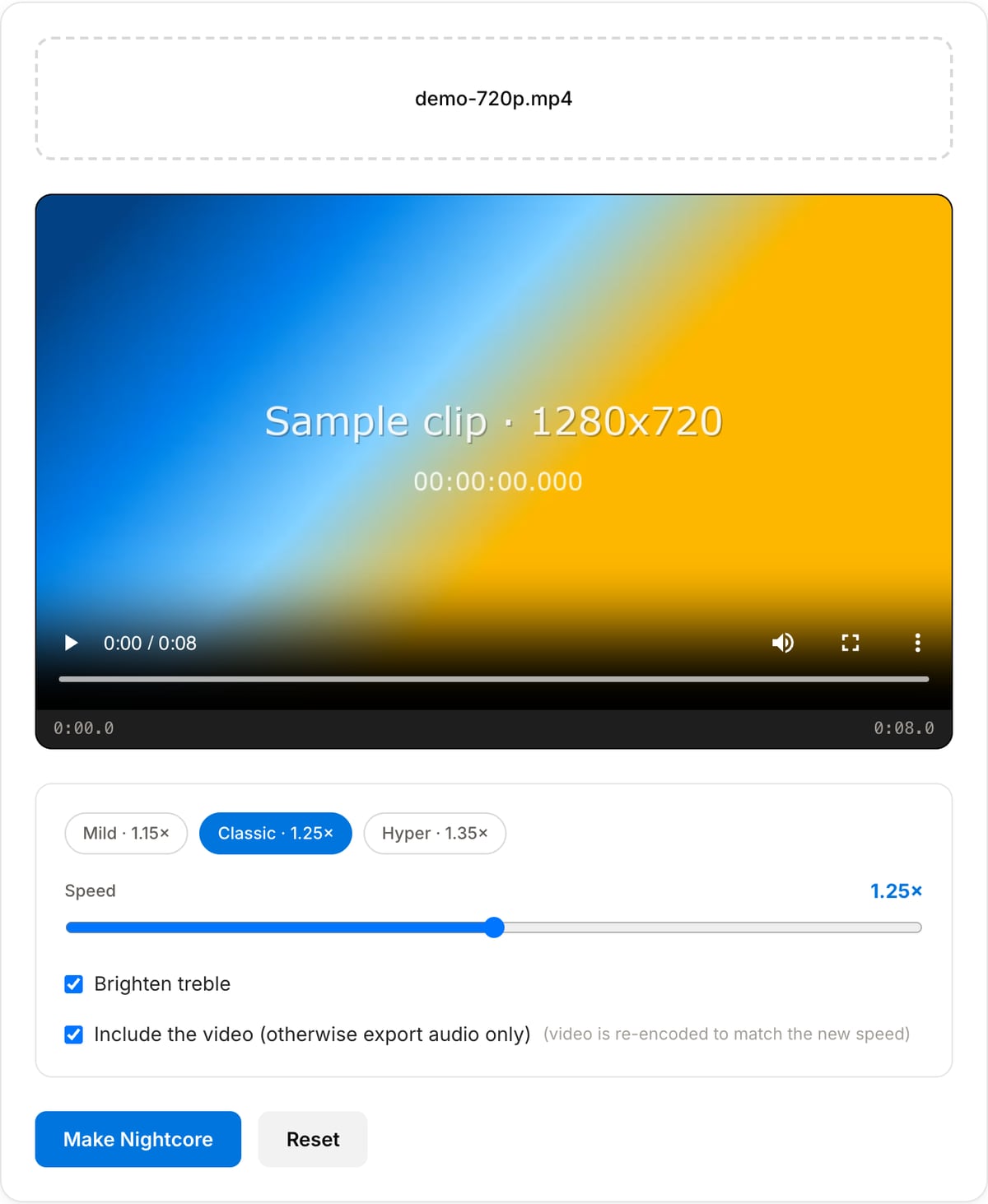 Nightcore Maker with a clip loaded: video preview, Mild, Classic and Hyper presets, Speed slider at 1.25×, Brighten treble and Include the video checkboxes, Make Nightcore and Reset buttons
