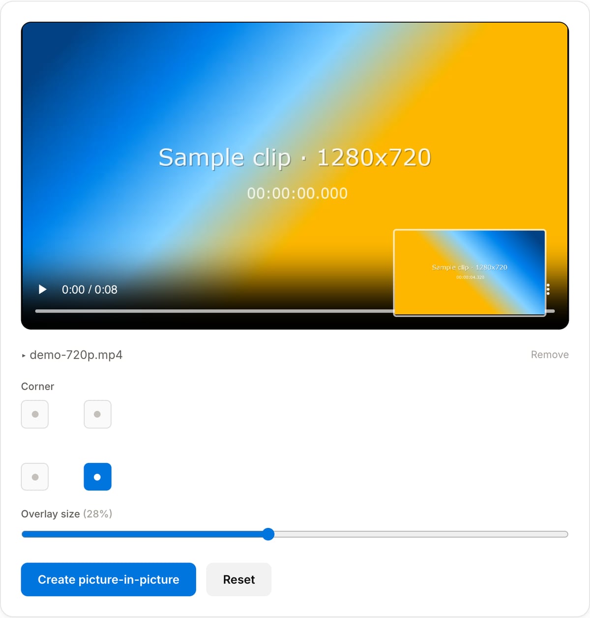 Picture-in-Picture tool with both clips loaded: preview player with the overlay inset bottom-right, Remove button, Corner grid, Overlay size slider at 28% and the Create picture-in-picture button