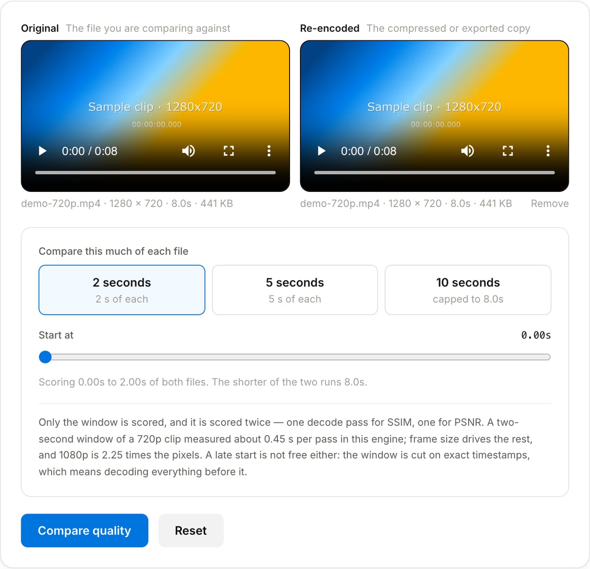 Quality Compare with two clips loaded: original and re-encoded previews side by side, a window picker set to 2 seconds with a start slider, and the Compare quality button