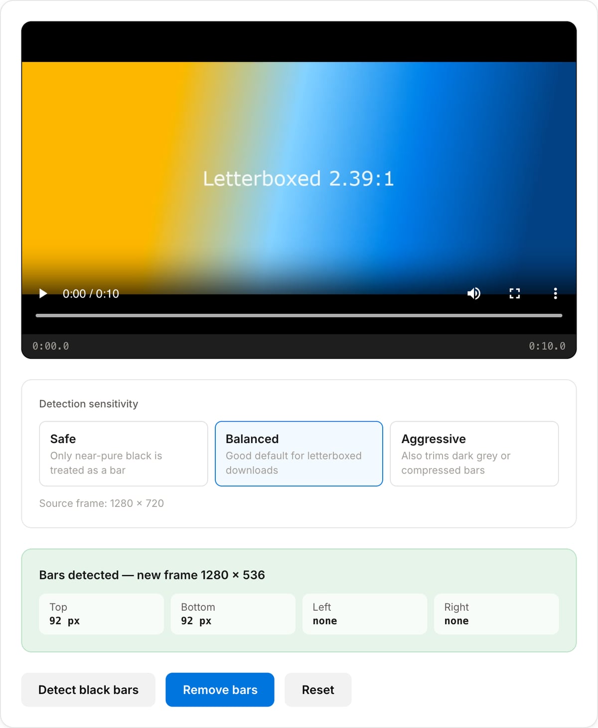 Black Bar Remover with a letterboxed clip loaded: detection sensitivity options, the detected new frame size and per-edge bar thickness, and the Remove bars button