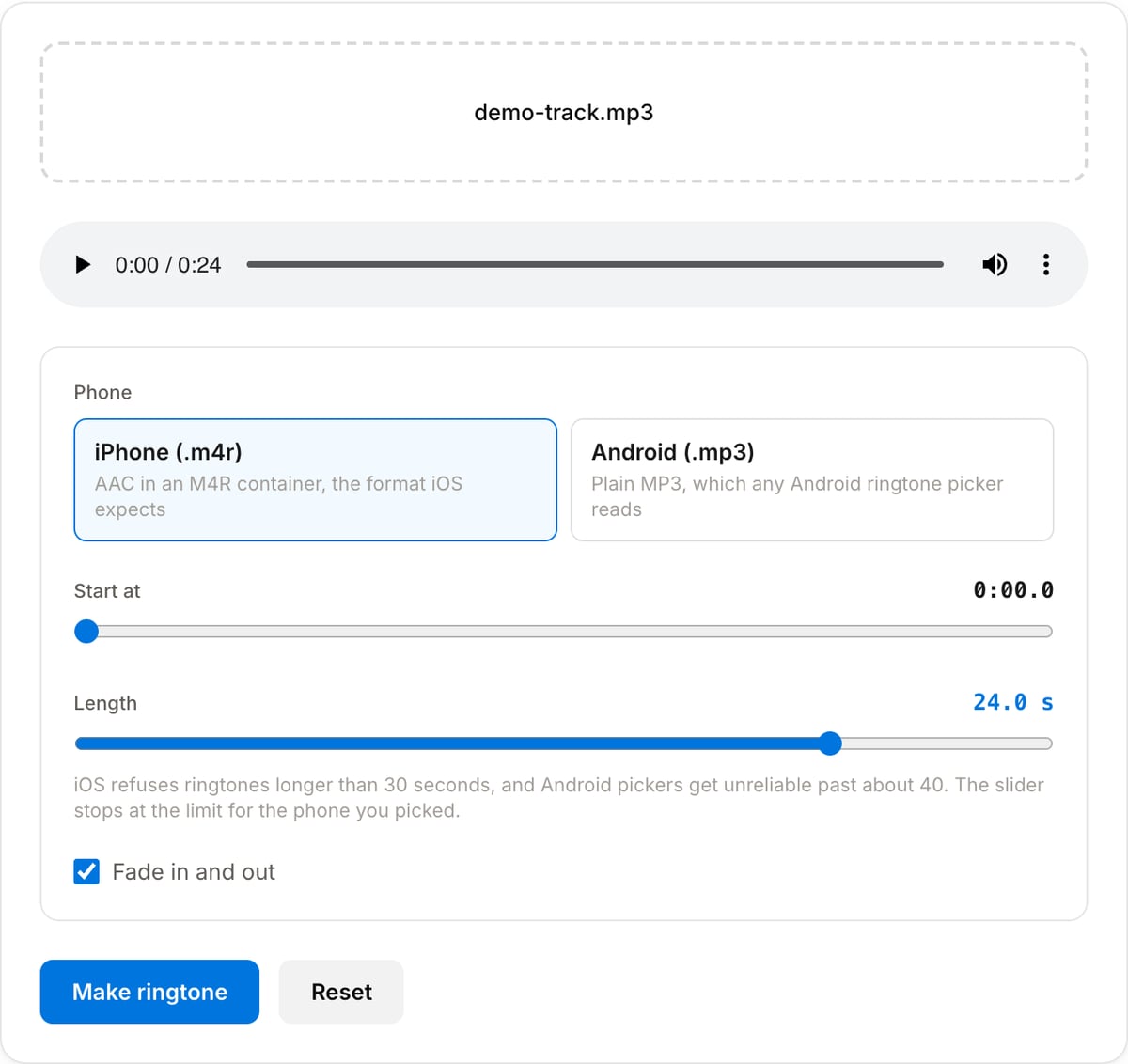 Ringtone Maker with a song loaded: iPhone and Android format choices, start point and length sliders, the fade option and the Make ringtone button