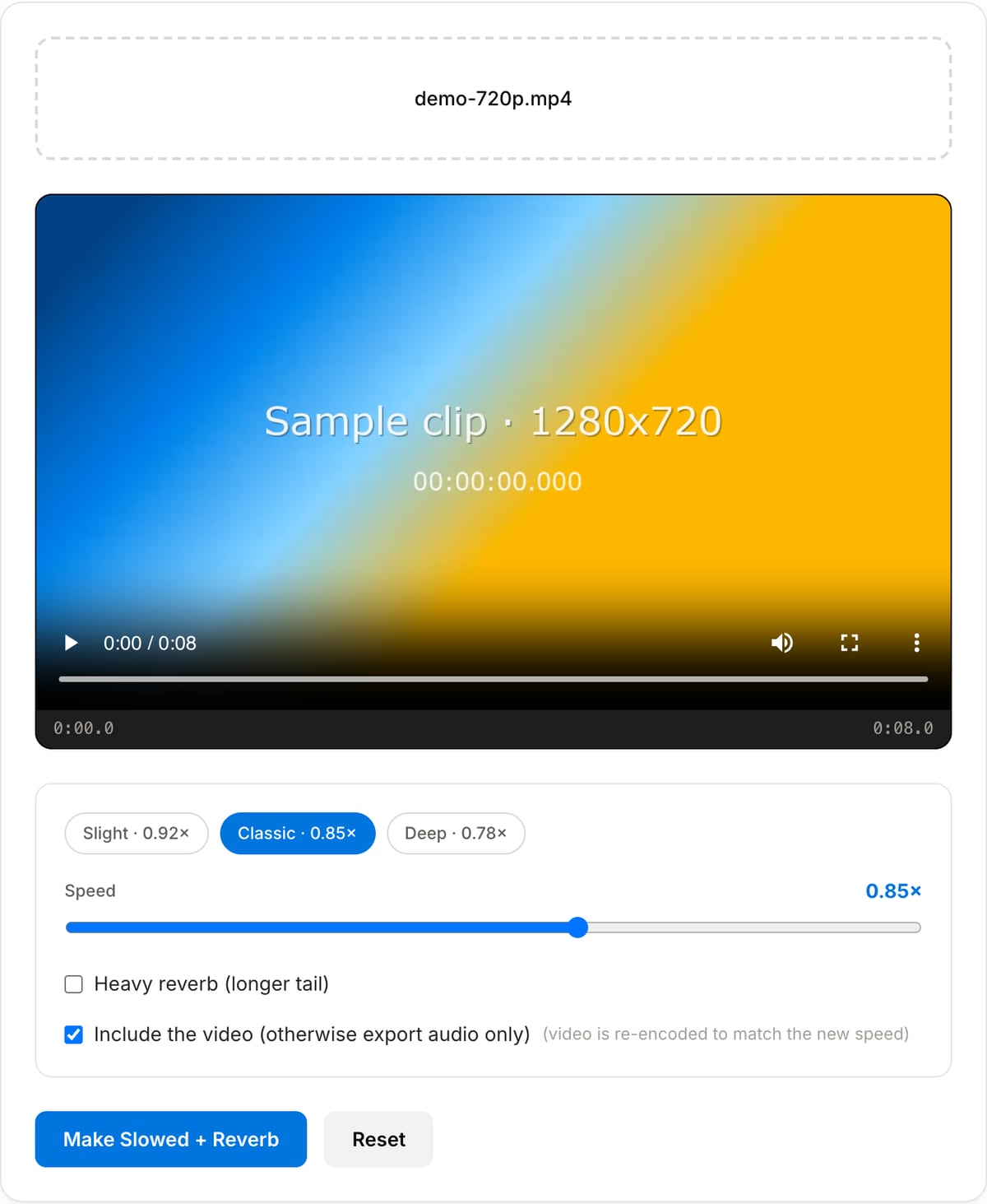 Slowed + Reverb Maker with a clip loaded: video preview, Slight, Classic and Deep presets, Speed slider (0.85×), Heavy reverb and Include the video checkboxes, Make Slowed + Reverb button