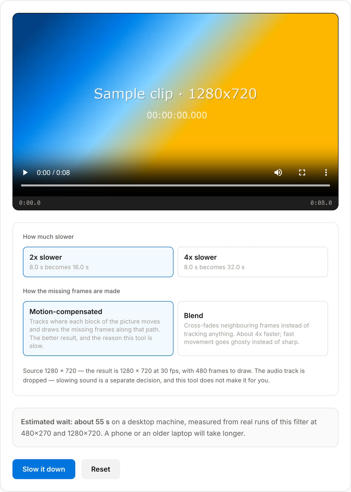 Smooth Slow Motion with a clip loaded: video preview, the 2x and 4x slow factor choices, the Motion-compensated and Blend modes, and an estimated wait above the Slow it down button