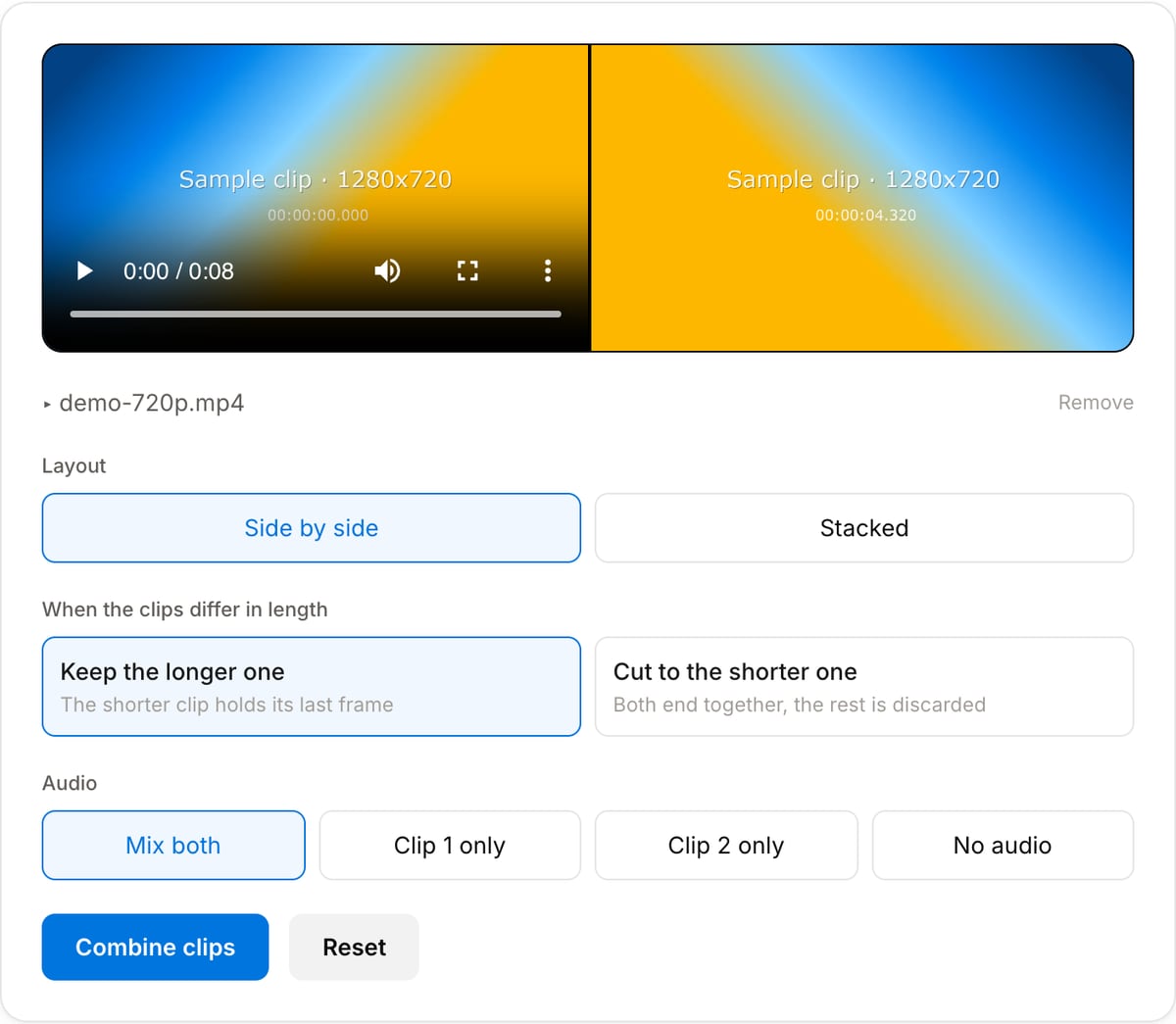 Split Screen tool with both clips loaded: two previews side by side, the second file name with a Remove button, the Side by side and Stacked layout choices, the length and audio options, and the Combine clips button