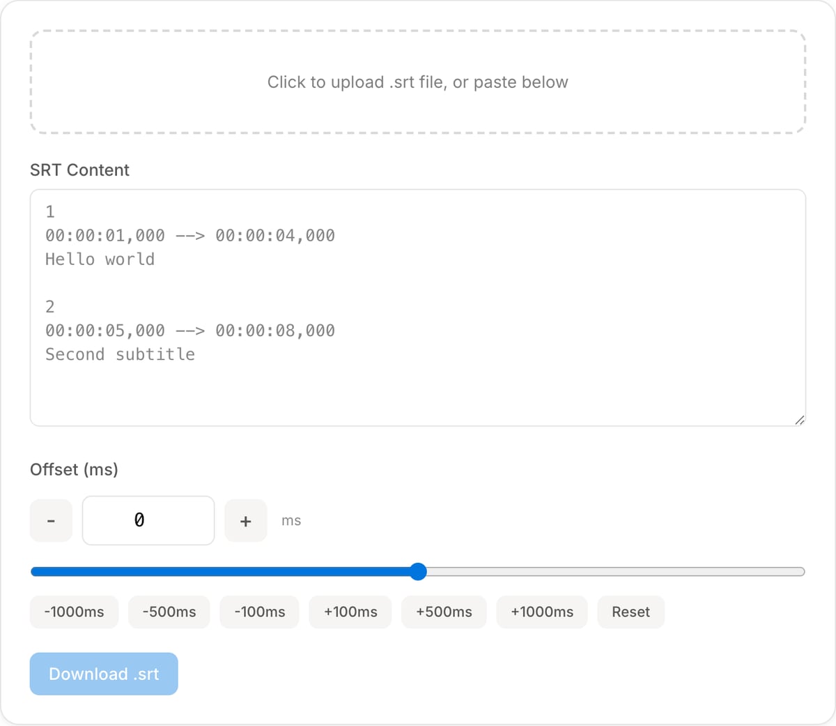 SRT Subtitle Offset Tool, initial state: .srt upload area, SRT Content box, Offset (ms) stepper at 0, slider, -1000ms to +1000ms presets, Reset and a disabled Download .srt button