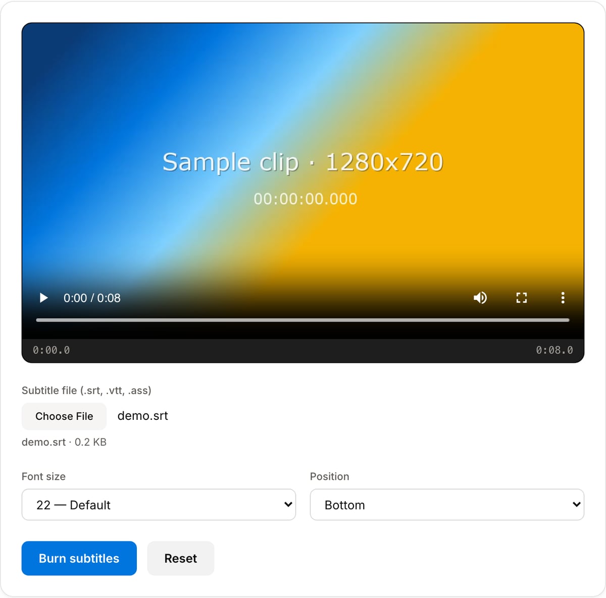 Subtitle Burner with a clip loaded: video player, Subtitle file picker, Font size and Position selects, and the Burn subtitles and Reset buttons