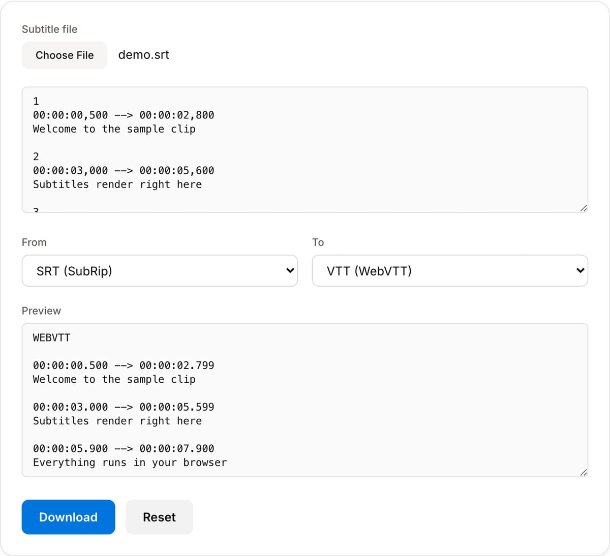 Subtitle Converter with an SRT file loaded: its cues in the text box, From set to SRT, To set to VTT, Preview showing WebVTT output, plus Download and Reset buttons