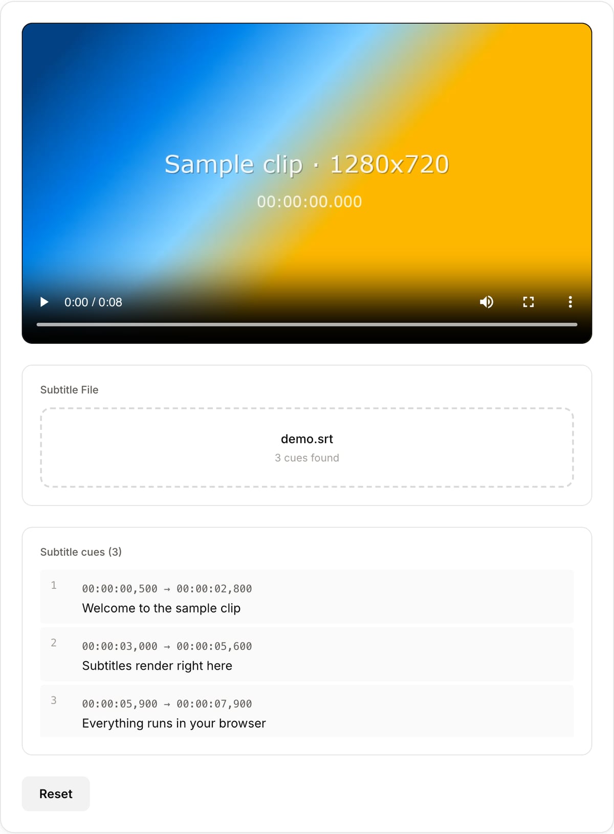 Subtitle Preview with a clip and an SRT file loaded: video player, Subtitle File box showing 3 cues found, the cue list with SRT timestamps and the Reset button