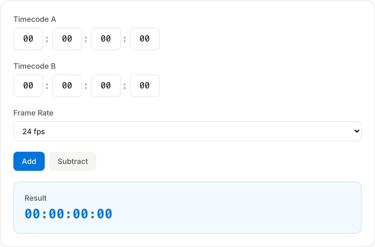 Timecode Calculator form: Timecode A and Timecode B rows with four HH:MM:SS:FF boxes each, Frame Rate select set to 24 fps, Add and Subtract buttons and the Result readout