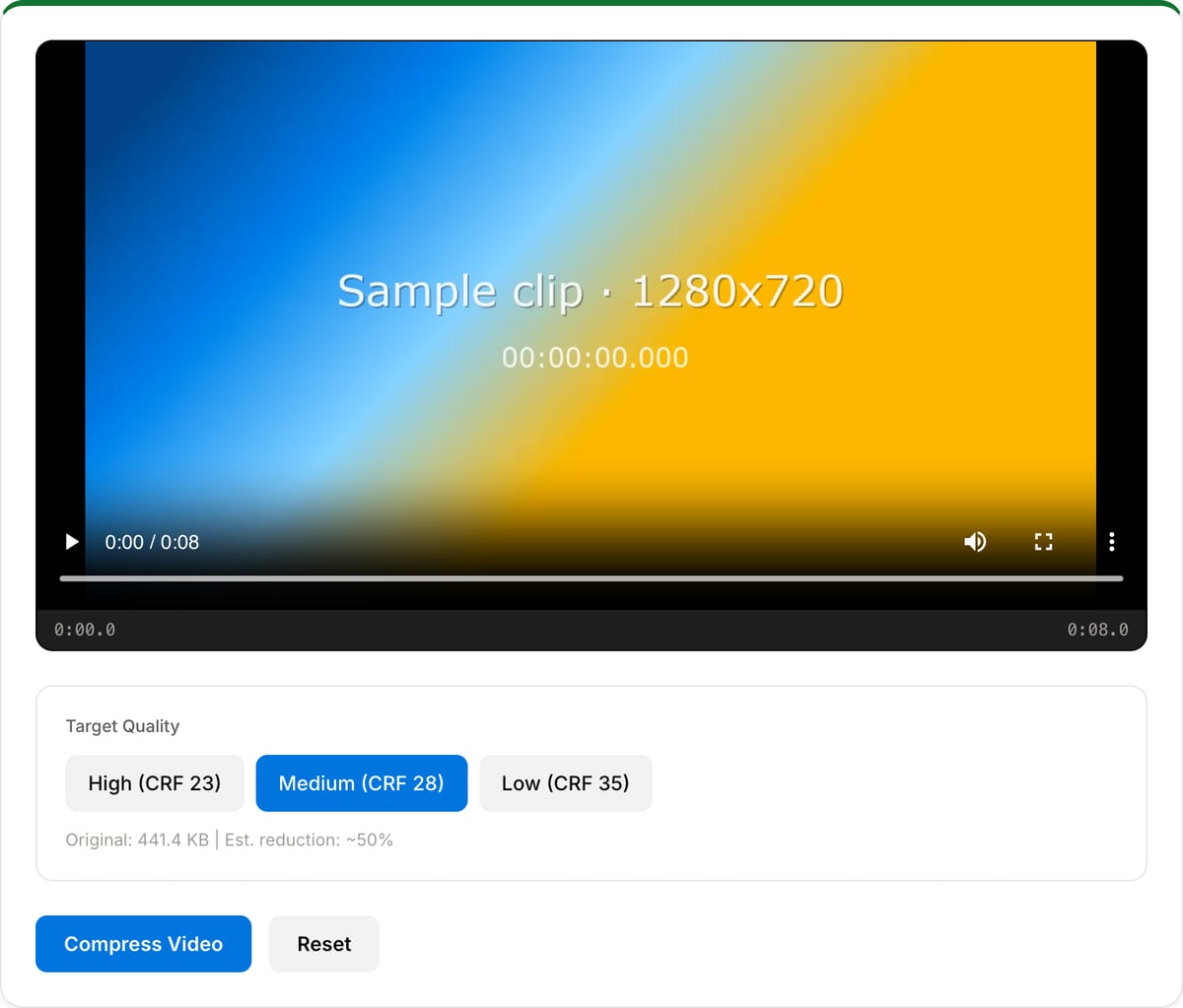 Video Compressor with a clip loaded: High, Medium and Low quality presets, estimated size reduction and the Compress Video button