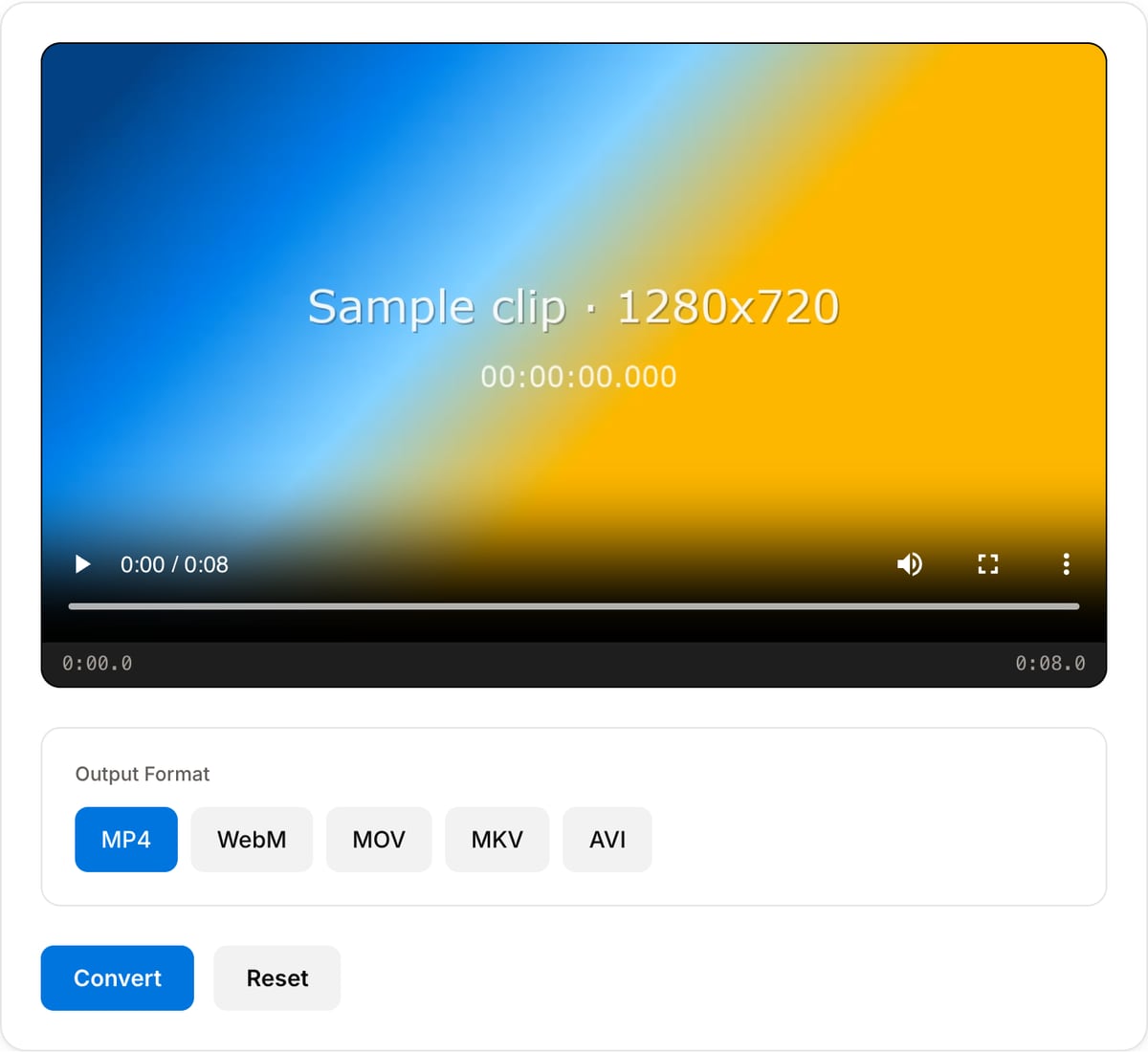 Video Converter with a clip loaded: output format selector for MP4, WebM, MOV, MKV and AVI and the Convert button