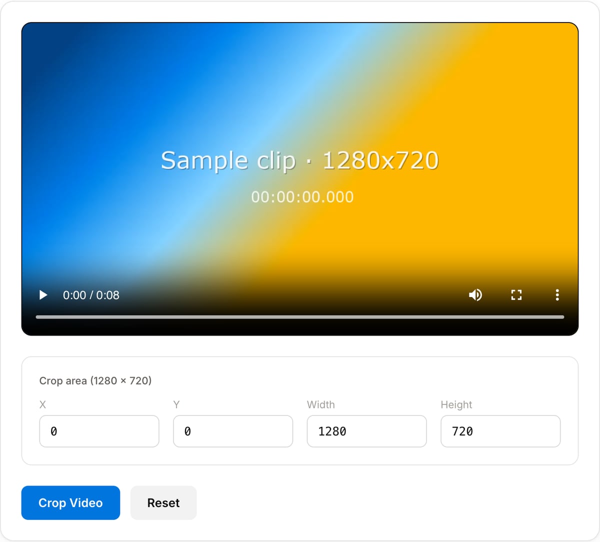 Video Cropper with a clip loaded: video preview above the crop area inputs for X, Y, width and height and the Crop Video button