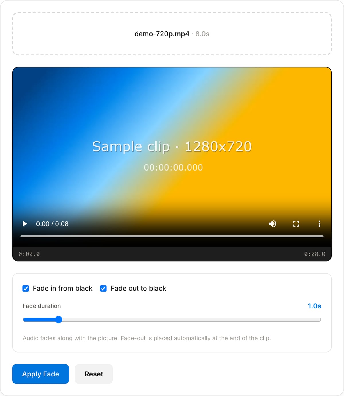 Video Fade with a clip loaded: preview player, Fade in from black and Fade out to black checkboxes, Fade duration slider at 1.0s and the Apply Fade button