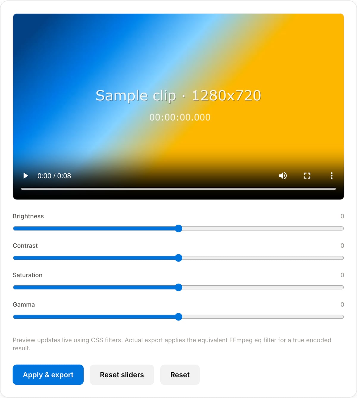 Video Filters with a clip loaded: preview player, Brightness, Contrast, Saturation and Gamma sliders with readouts, and the Apply & export, Reset sliders and Reset buttons