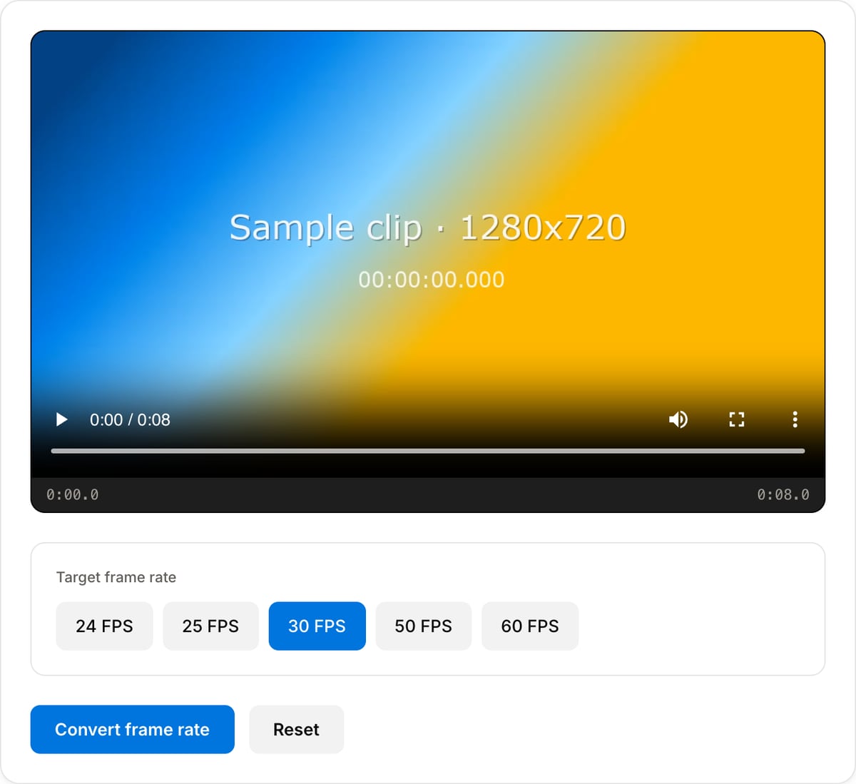 Video FPS Converter with a clip loaded: preview player, frame rate presets 24, 25, 30, 50 and 60 FPS with 30 selected, and the convert and Reset buttons