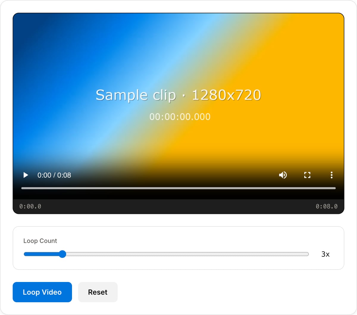 Video Looper with a clip loaded: preview player, Loop Count slider with a 3x readout and the Loop Video and Reset buttons
