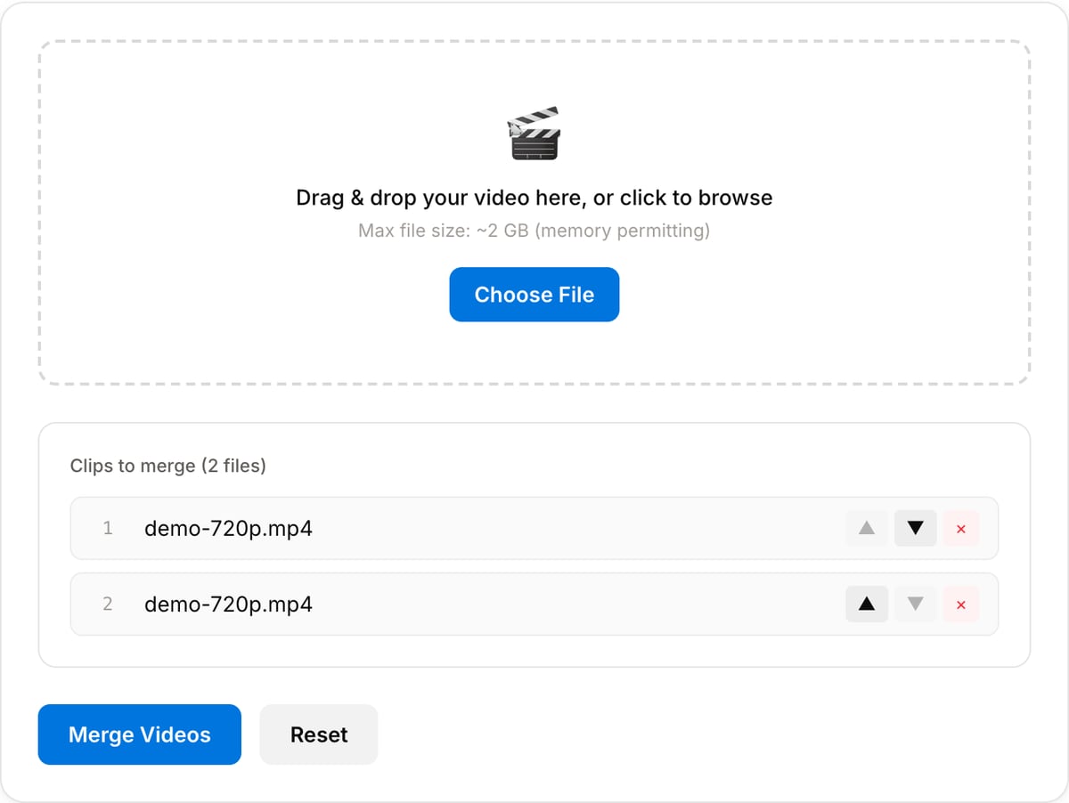 Video Merger with two clips added: ordered clip list with reorder and remove controls, a dropzone to add more files and the Merge Videos button