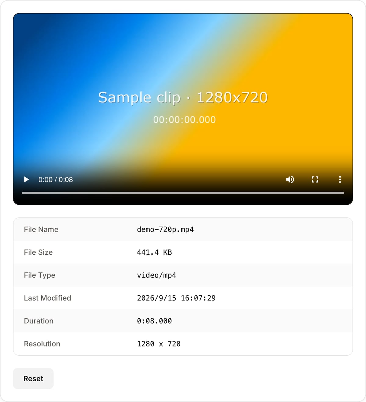 Video Metadata Viewer with a clip loaded: preview player above a table listing File Name, File Size, File Type video/mp4, Last Modified, Duration 0:08.000 and Resolution 1280 x 720