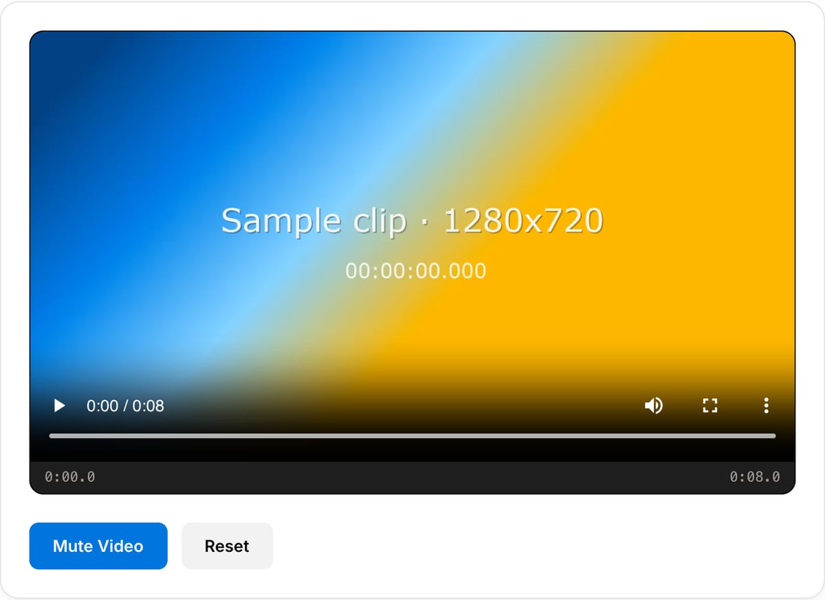Video Muter with a clip loaded: a preview player with a time readout above the Mute Video and Reset buttons