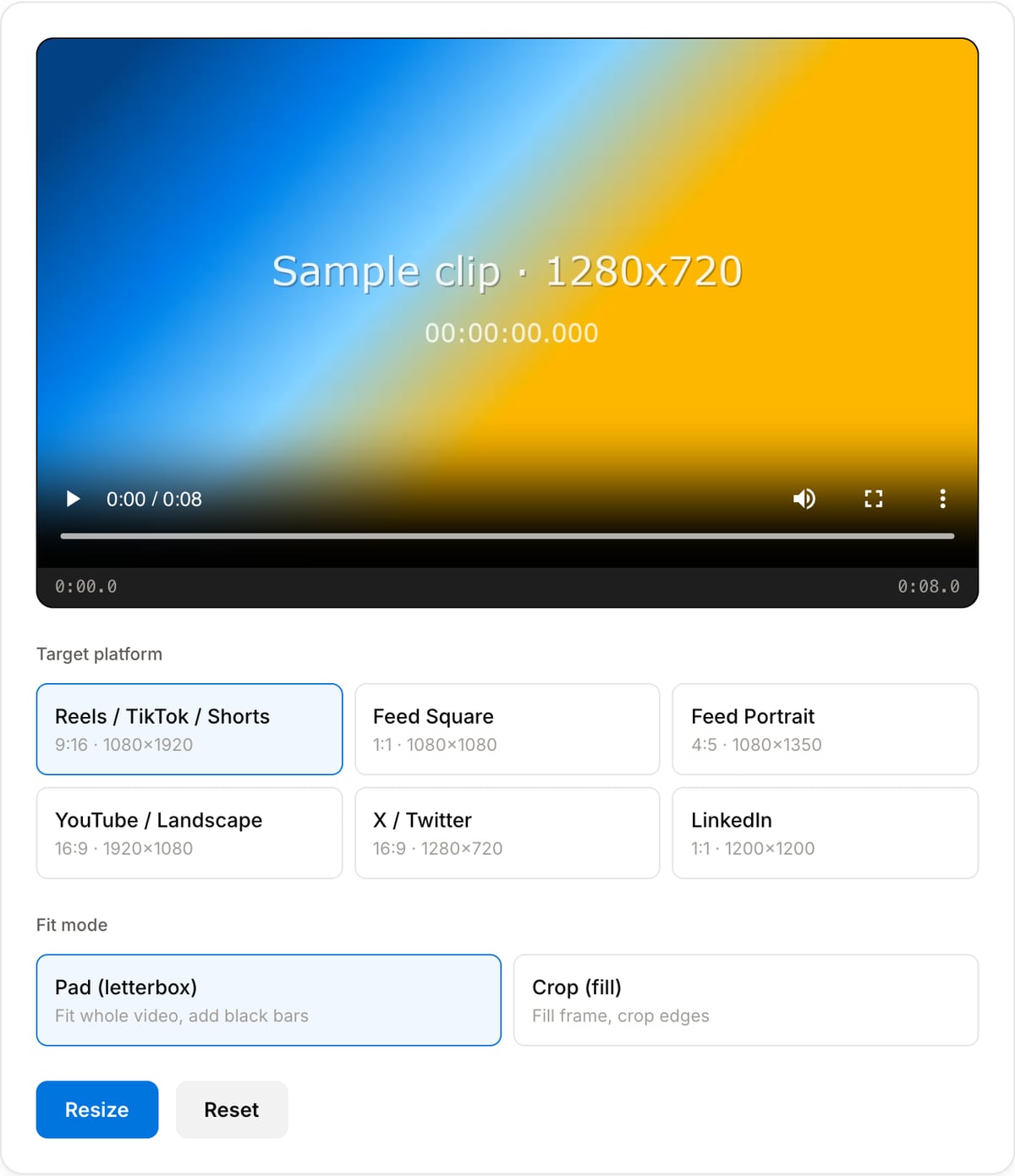 Social Media Resizer with a clip loaded: target platform presets for 9:16, 1:1, 4:5 and 16:9, Pad or Crop fit mode and the Resize button